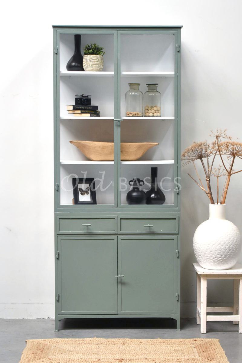 Detail van Apothekerskast Ivar Ladre Lindegroen, groen, grijs, materiaal staal